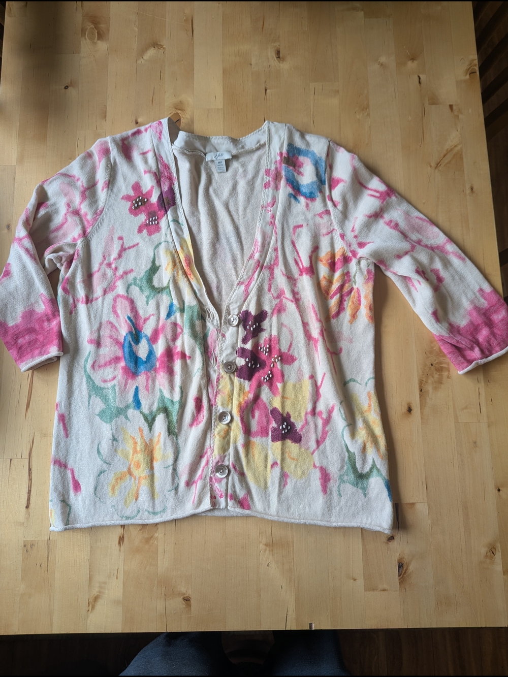 3/$15 J. Jill Linen Blend Cardigan With Silk Trim Button Front Floral Print
